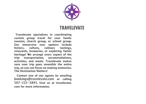 Back of a postcard with Travelevate Logo